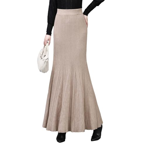 Tsuukuie Stickad damtröja, maxikjol, hög midja, elastisk sjöjungfru, långa kjolar för kvinnor, höst, vinter, Kräm aprikos, M