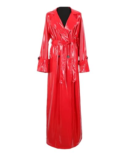 Womens Spring Extra Long Soft Red Reflective Shiny Leather Coat Double Breasted Maxi European Style Outerwear
