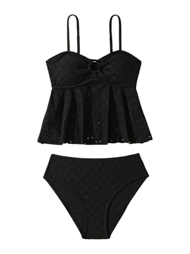 OYOANGLE Girl's 2 Piece Tankini Swimsuit Ring Linked Eyelet Embroidery Swimsuit Bathing Suit