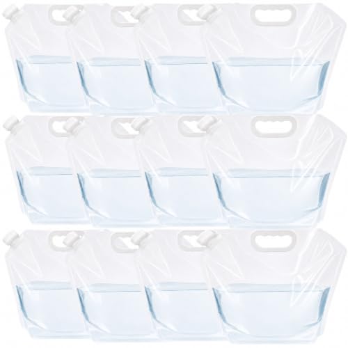 Paquete de 12 bolsas de agua plegables de 1.3 gal con tapa, claro, con asa para camping, senderismo y emergencias al aire libre