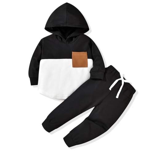 HIHA 3-4T Toddler Boy Fall Winter Clothes Waffle Sweatshirt Tops Pant Outfit Color Block Sweatsuit Long Sleeve Clothing Black