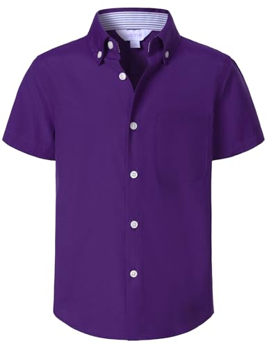 AOTIK Boys Oxford Button Down Shirt Short Sleeve Formal Uniform Dress Shirts with Pocket 12 Dark Purple