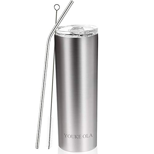 Stainless Steel Skinny Tumbler 20oz - Vacuum Insulated Double Wall Travel Mug with Lid, Straw, Brush (Silver, 20oz-1 Pack)