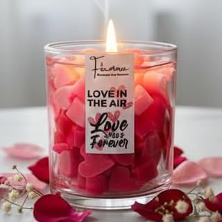Image of Love is in the Air Romantic Scented Jar Candle | Filled with Pink & Red Mini Hearts | Calming Rose Fragrance for Aromatherapy | Hand-Poured Soy Wax | Gift for Love, Birthday, Valentine