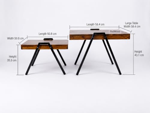 Image of Solid Sheesham Wood Coffee Table Set of 2 with Metal Legs | Modern Nested Center Tables for Living Room | Industrial Wooden Tea Tables Space Saving Stackable Cocktail Furniture for Home | Brown