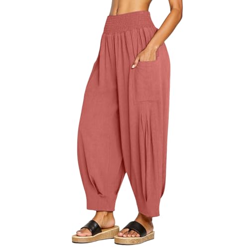 Pantalon de plage avec poche style bohème chic en lin et coupe sarouel fluide