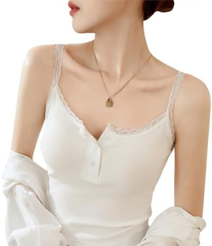 Laisve Lace Neckline Open 95% Cotton 3-Color Busty Camisole for Women Ribbed Knit Fabric Button-Free for Small and Large Busts Sexy Valley Layered Inner Basic Tank Top Vest Cute..