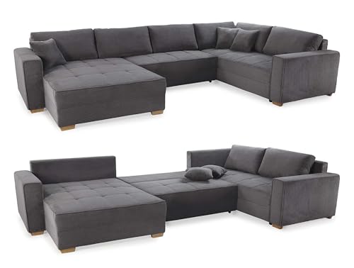 Modische Cord Wohnlandschaft U-Form B379/T227/H86 cm, Sofa mit Schlaffunktion und Bettkasten, Wellenunterfederung, seitenverkehrt montierbar, Bezug Cordstoff in Grau Anthrazit / 15198
