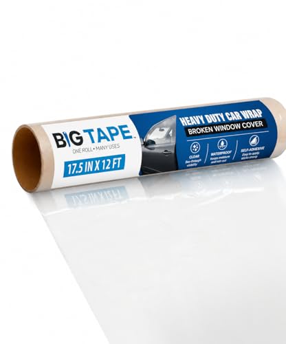 Big Tape Crash Wrap for Broken Car Windows, Temporary Waterproof Plastic Window Covering for Broken Glass Windows, Highway Safe Car Window Repair Tape, No Residue Plastic Wrap, 17.5” in x 12’ Ft Roll