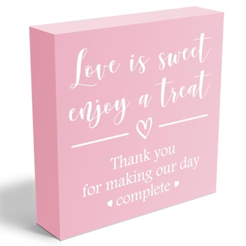 Love is Sweet Enjoy a Treat Wooden Box Sign Decorative Wedding Party Dessert Table Wood Box Sign Home Decor Rustic Square Desk Decor Sign for Shelf Pink