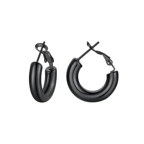 Classic Black/18K Gold Plated/Stainless Steel Hoop Earrings for Women 20mm/30mm/40mm/60mm/80mm Oversized Hypoallergenic Chunky Tube Hoops Rounded Loop Earrings Come with Box 02.Glossy Black