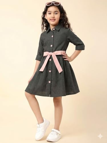 Image of A.T.U.N. (ALL THINGS UBER NICE) Girls 100% Cotton Shirt Dress with Belt | Solid Button-Down Dress with Collar Neck | Soft Breathable Kids Outfit for Girls