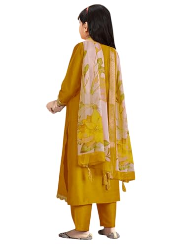 Image of Girls Ethnic Outfit | Embroidered Silk Girls Salwar Suit | Kurta Pant and Jacquard Dupatta Set