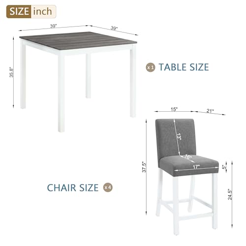 Image of KEIKI 5-Piece Counter Height Dining Table Set with Square Table and 4 Upholstered Curved Backrset Chair, for 4 Person, Modern Wooden Table Set, Easy Assembly, for Kitchen, Dining Room, White+Gray