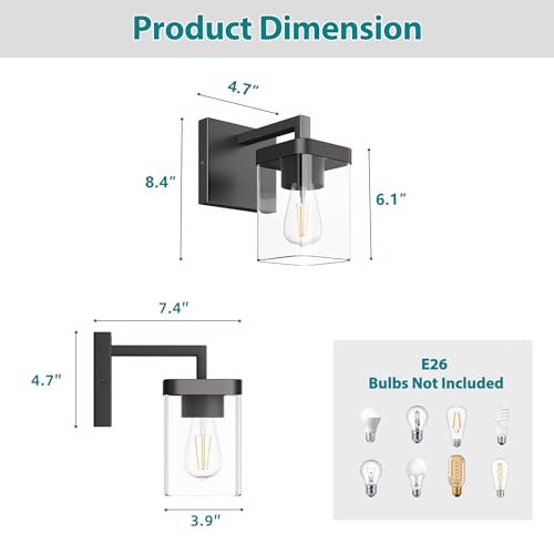 Image of Set of 2 Wall Sconce, Square Design Morden Bathroom Lighting Fixtures with Clear Glass Shade, Matte Black Wall Lights for Living Room /Bedroom /Hallway /Porch