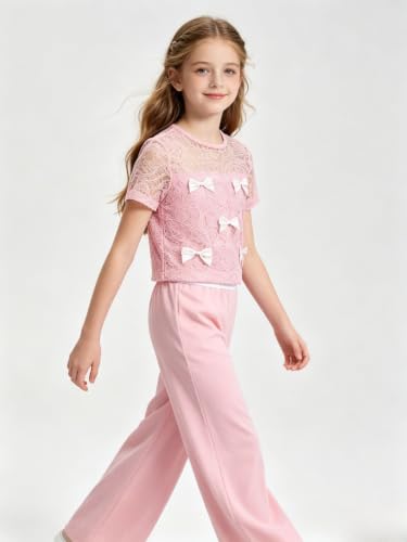 Image of Girls Clothes 2 Piece Short Sleeve Lace Bow Print Tops Flared Pants Set Little Girl Outfits Size 7-14