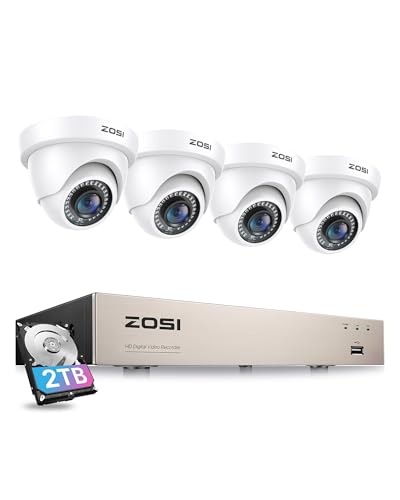 ZOSI CCTV Kit Cámaras de Vigilancia 5MP Lite (4pcs) 1080p Cámara de Seguridad Exterior con 8CH 2MP H.265+ Grabador DVR, Visión Nocturna, Alarma de Movimiento, 2TB Disco Duro