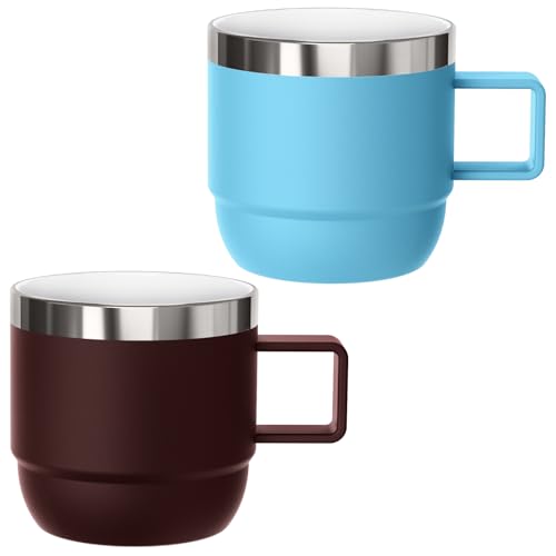6 oz Small Espresso Mug with Handle, Ceramic-Lined 18/8 Stainless Steel, Double-Wall Vacuum Insulated, Stackable, Dishwasher Safe, for Cortado & Flat White, 2 Pack, Wine Red & Blue