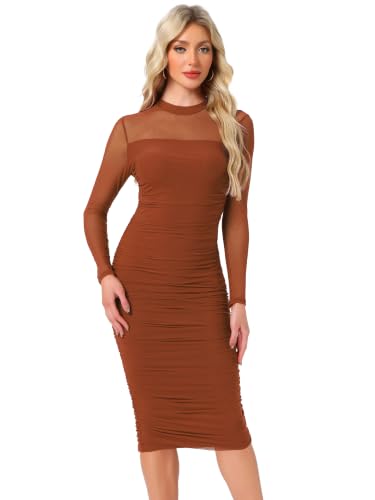 Image of Allegra K Mesh Dress for Women Long Sleeve Mock Neck Ruched Bodycon Dresses | Ruched, Lightweight Stretchy Mesh Sheer, Evening, Cocktail, Party Club