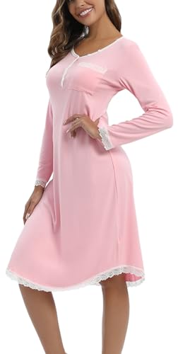 Camisón Mujer Algodon Sexy con Cuello en v Botón y Pijamas Encaje Camisones Manga Larga Mujer y Suave Premamá Camisón de Lactancia Ropa de Dormir Rosa *Larga XXL