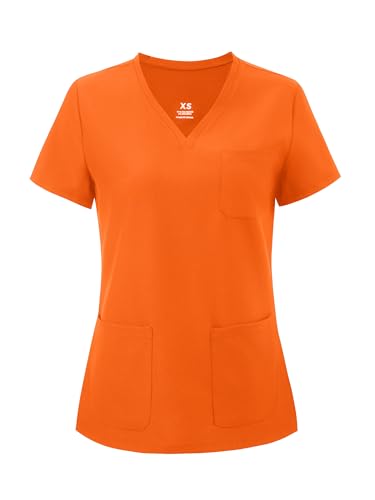 COZYFIT Medical Scrub Tops for Women - Soft Stretch Curved V-Neck Scrub Tops with 3 Pockets Orange XS