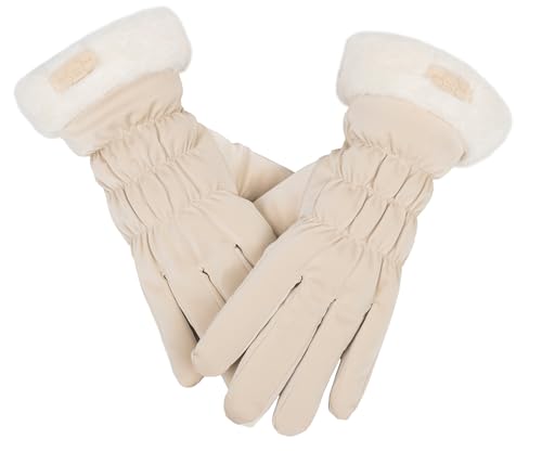 Womens Winter Waterproof Gloves - Faux Fur Cuff Thermal Ski Running Gloves