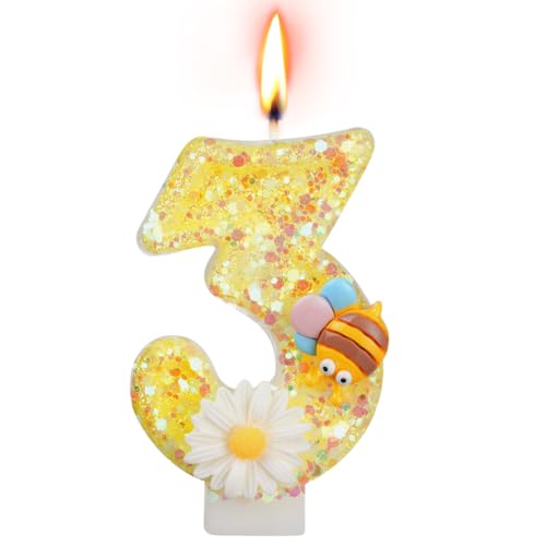 Alaoo Velas Cumpleaños Números 3,3D Abeja Amarilla Velas