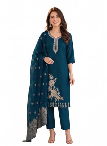 Image of Womens Zardozi Floral Embroidered Kurta with Pant and Heavy Jacquard Border Dupatta Set