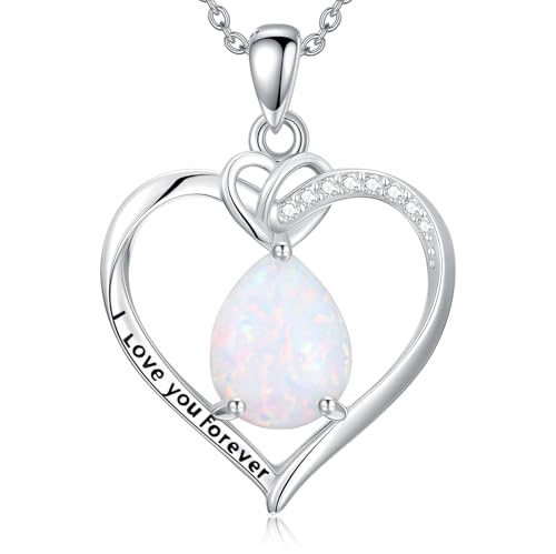 925 Sterling Silver Heart Opal with Genuine Diamond Necklace for Women Dainty October Birthstone Pendant Necklace Birthday Christmas Jewelry Gift for Mother Wife