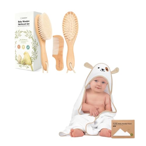 Image of Keababies Baby Hair Brush and Comb Set and Baby Hooded Towel - Wooden Kids Hairbrush with Soft Goat Bristle - Soft Toddler Towel with Hood for Girls and Boys