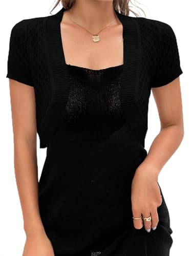 AAMILIFE Women's Short Sleeve Ligtweight Shrug Open Front Cardigan Hollow Out Sweater