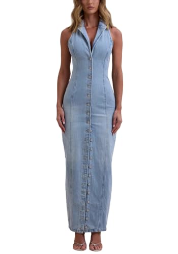 Unybwonn Women's Casual Button Down Maxi Denim Dresses Sexy Bodycon Sleeveless V Neck A-Line Long Jean Skirt Dress