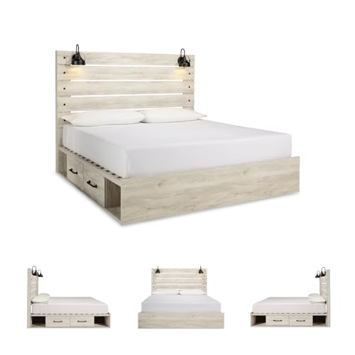Image of Signature Design by Ashley Cambeck King Platform Bed with Storage Drawers, LED Sconce Lights and USB Ports, Engineered Wood and Decorative Laminate for Master Bedroom Organization, Whitewash, King