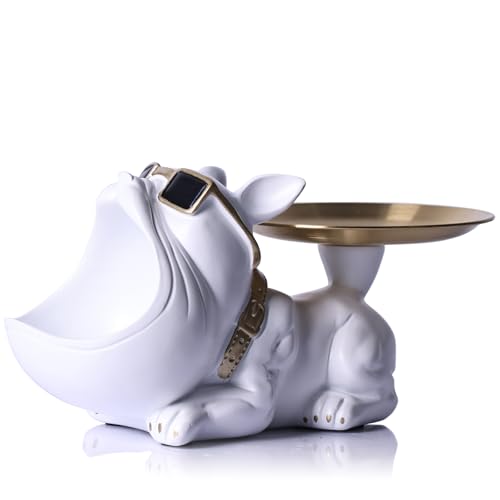 French Bulldog Decor with Key Bowl for Entryway Table,white Bulldog Statues Home Decor,Dog Statue With Tray Storage Key Holder Candy Jewelry Tray ,Suitable for Modern Art Dining Table Decor Office