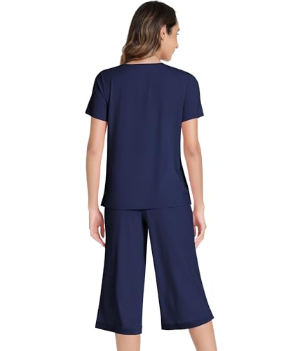 Image of NACHILA Bamboo Viscose Women's Pajamas Set Short Sleeve Pjs and Capri Pants | Soft like cloud,Breathable,Moisture wicking,Tagless