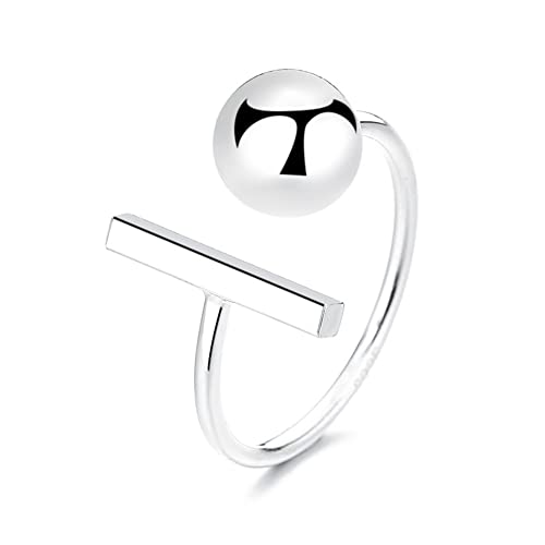 OIDIMS 925 Sterling Silver Ball T-Shaped Statement Ring for Women Men Fashion Minimalist Adjustable Open Rings Stacking Middle Tail Finger Simple Unique Jewelry for Birthday Christmas Gifts Bff