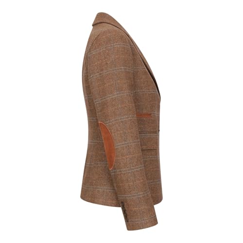 Women's Oak Brown Wool Blend Tweed Herringbone Checkered Blazer Waistcoat 6