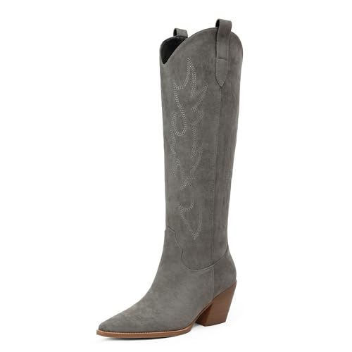 iiimmu Cowgirl Boots Women Knee High Pointed Toe and Block Heel Cowboy Suede Boots with Embroidered, Light Gray, Size 9