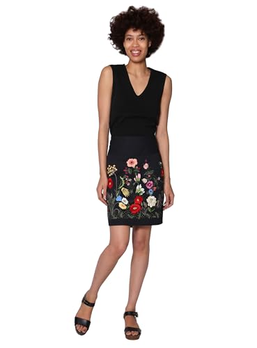LA CERA Women's Black Patchwork Cotton Floral Embroidered Skirt Mid-Rise Casual Summer Wear