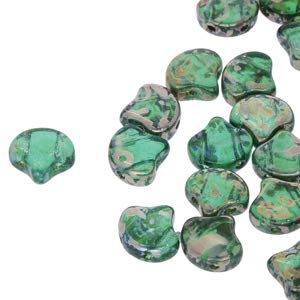 70-75 Ginko Beads Emerald Green with Rembrandt Finish. 7.5mm Two Hole Glass Beads, Holes Run Side to Side. Quality Czech Glass Beads