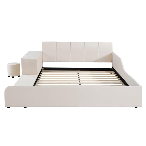 Bedgjh UPHOLSTERED PLATFORM BED Queen Size Upholstered Bed Frame With Bedside Desk And Little Round Stool thumb #6
