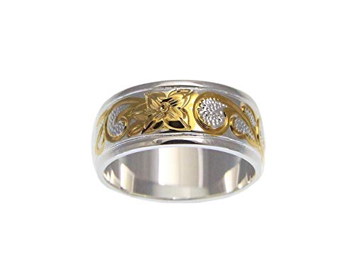 Arthur's Jewelry 925 sterling silver Hawaiian queen scroll 2 tone yellow gold plated 8mm smooth edge band ring size 3-142