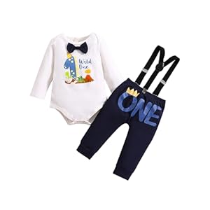 Borlai Baby Junge 1. Geburtstag Outfits Fliege Baumwolle Brief Strampler Verstellbare Hosenträger Hosen Gentleman Kleidung Set für Fotofotografie