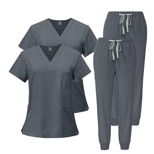Meichoon Juego de 2 uniformes médicos de trabajo con cuello en V, camiseta de manga corta con 3 bolsillos, pantalones elásticos, secado rápido y absorbente del sudor, DK05, gris, M