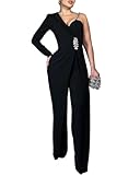 CHICME Women's One Piece Jumpsuit Asymmetrical Wide Leg Evening Romper with Crystal Shoulder Strap and Waist Embellishment Jumpsuit Formal Party Outfit Overall Long Pants-Black-M