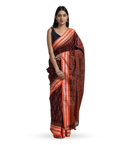Image of ODISHAHANDLOOM Sambalpuri Pure Cotton Handloom Saree, Traditional Ikat Pattern, Red and Green, Without Blouse
