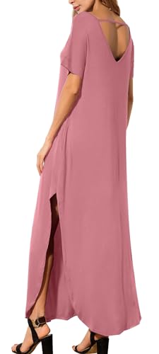 Image of GRECERELLE Women's Summer Maxi Dress Casual Loose V Neck Short Sleeve Side Split Long Dresses with Functional Pockets