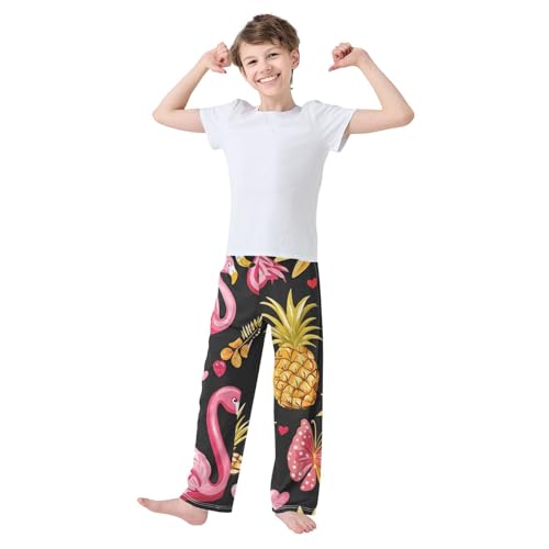 Tropical Flamingo Pineapples Boys Long Pants Soft Trousers Elastic Waist Kids Lounge Bottoms with Pockets S-XL2