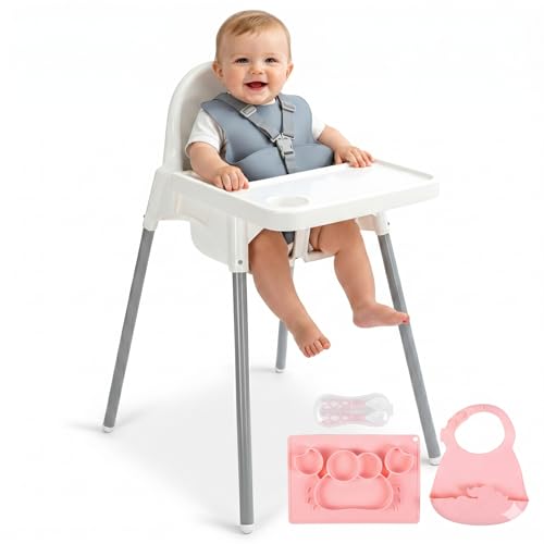 PLASTIMYR Tronas Bebe Light con Set de Alimentación en Silicona Rosa – Silla de Comer para Bebe de 6 Meses a 3 Años con Babero, Plato Cangrejo y Cubiertos, Bandeja Extraíble y Arnés de Seguridad