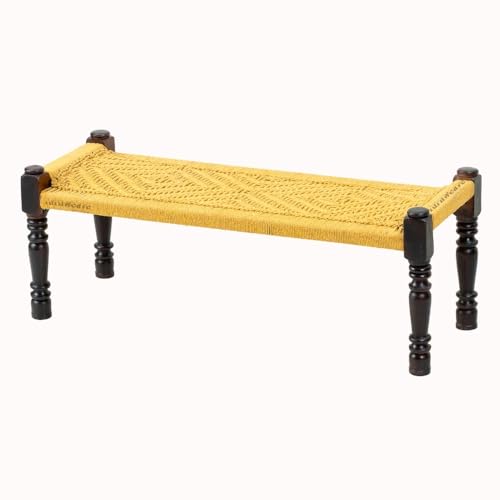 Image of Wooden Bench for Seating | Handcrafted Sheesham Wood Bench for Living Room, Balcony & Garden | Traditional Patio for Outdoor with Cotton Handwoven Rope | Yellow